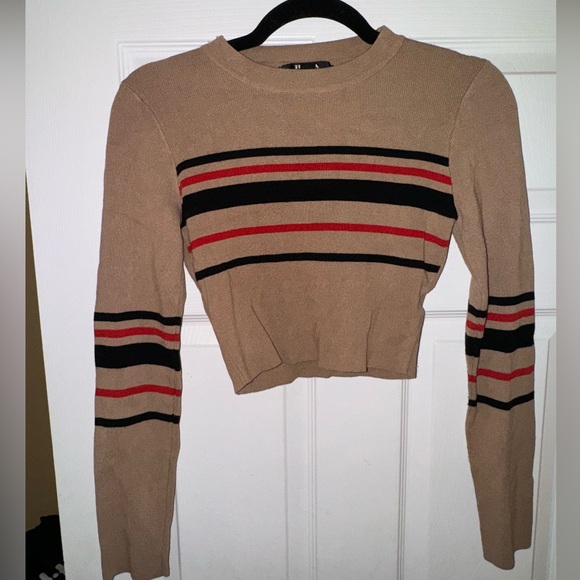 Tan/Red/Black Striped Cropped Sweater Shirt size M - Picture 2 of 4